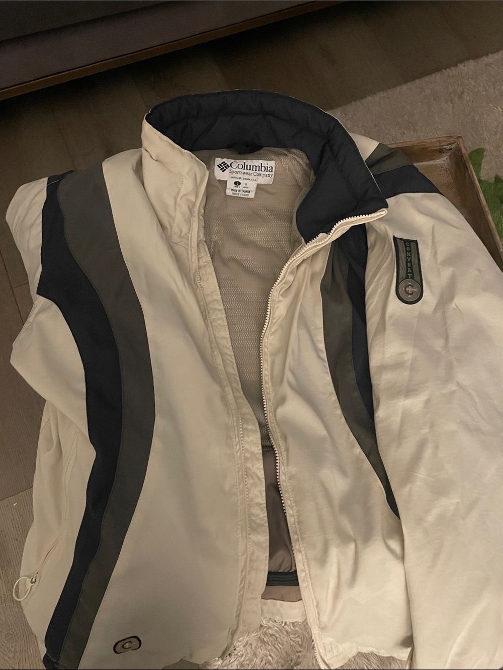 Columbia Convert Beige Vintage lined Jacket with Black and Gray Accent Stripes